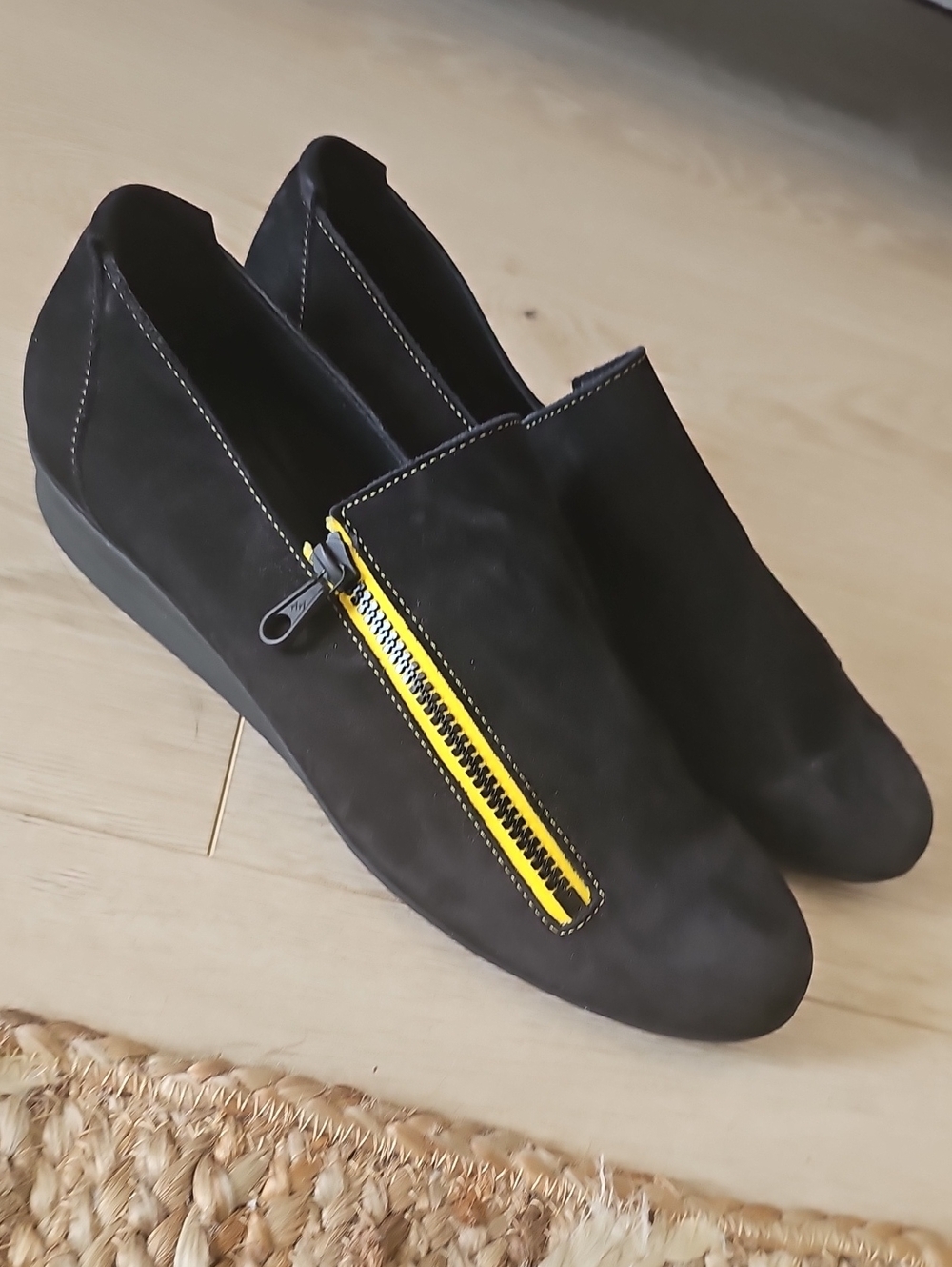 Arche Nasari Black Suede Loafers with Yellow Zipper Accent